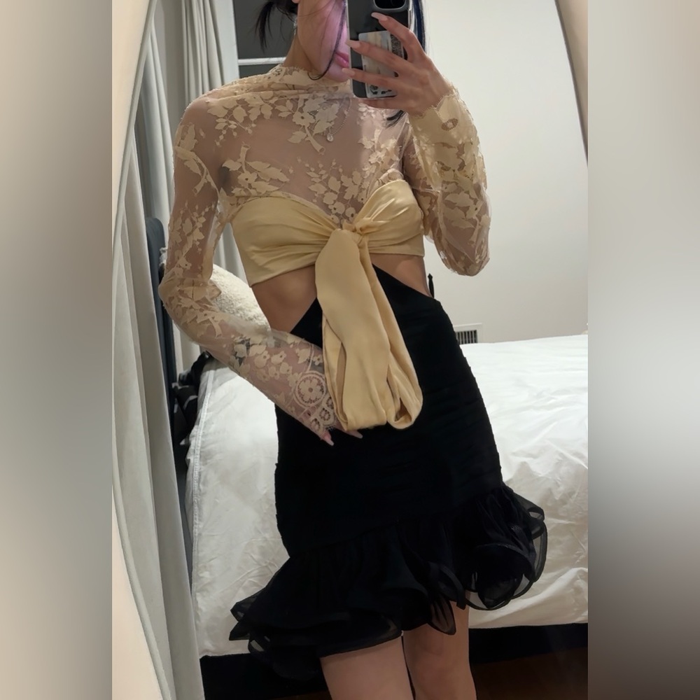 Zimmermann Cream Lace & Black Mini Dress with Bow Front